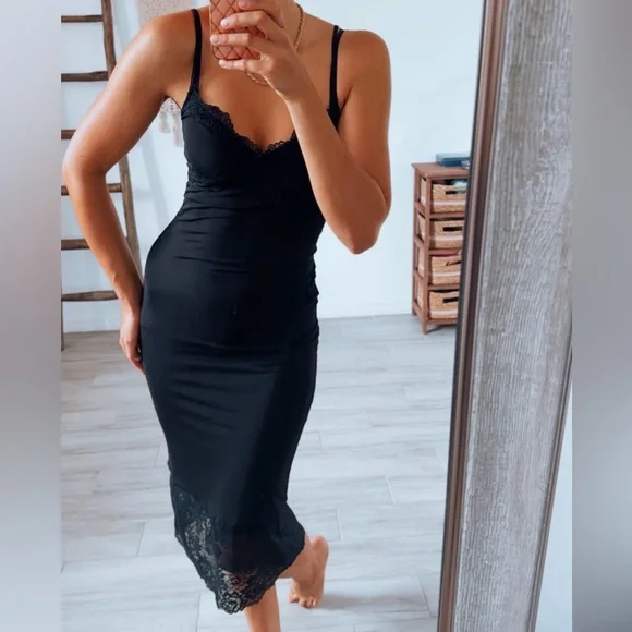 H&M Black Lace-Trim Midi Mesh Dress V-neck Adjustable Straps / Size XS